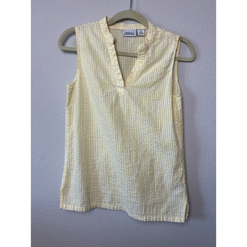 Vermont Country Store Seersucker Striped Top XS Yellow White Sleeveless V-Neck